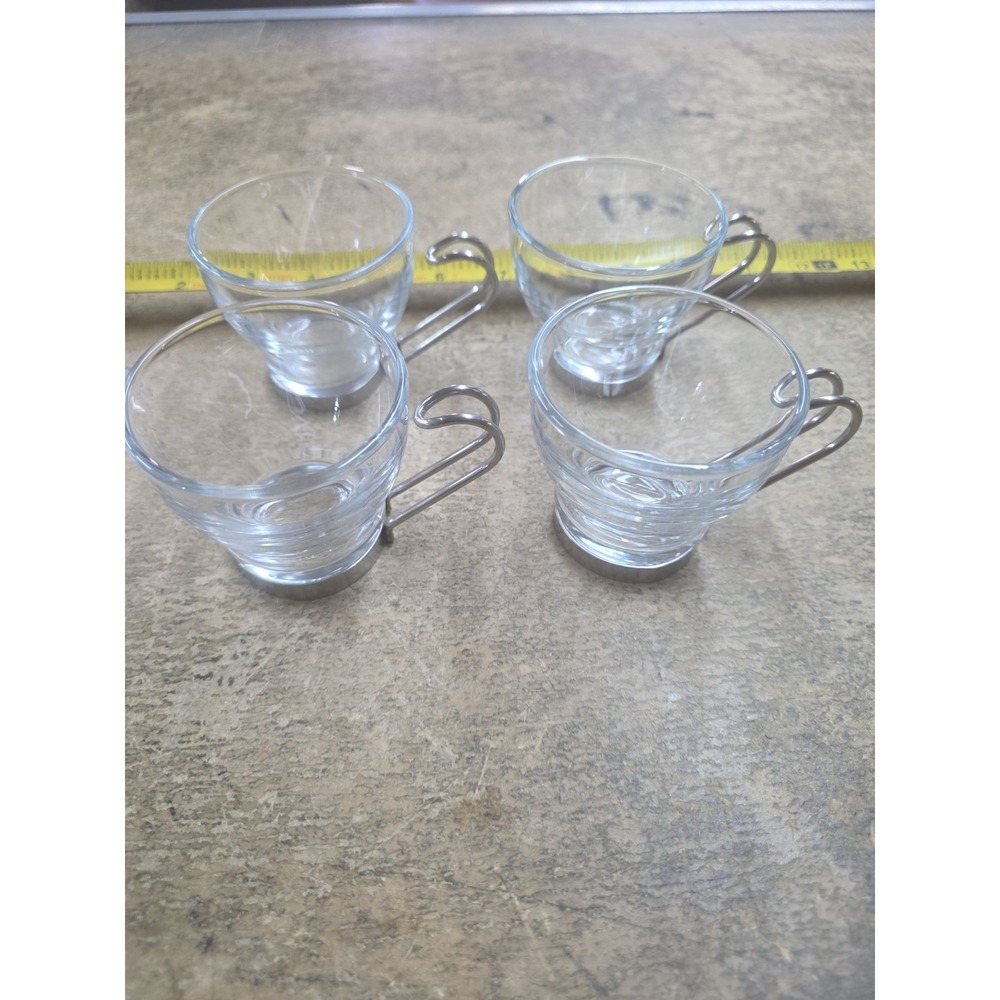 Vintage Vitrosax Italy Clear Glass Espresso Cups with Metal Handle, Set of (4)